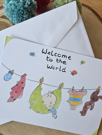 Geïllustreerde geboorte wenskaart wasdraadbaby